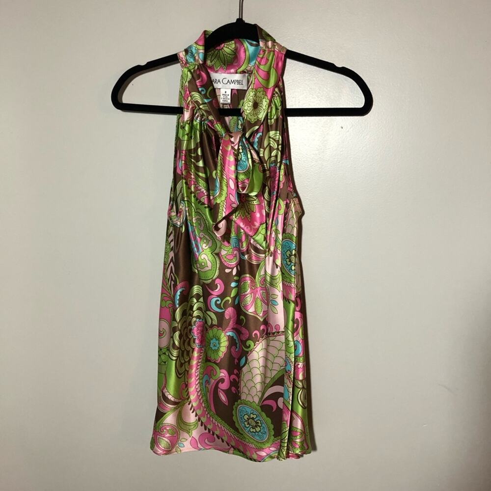 Sara Campbell silk bow neck tie sleeveless blouse groovy colorful sz 8